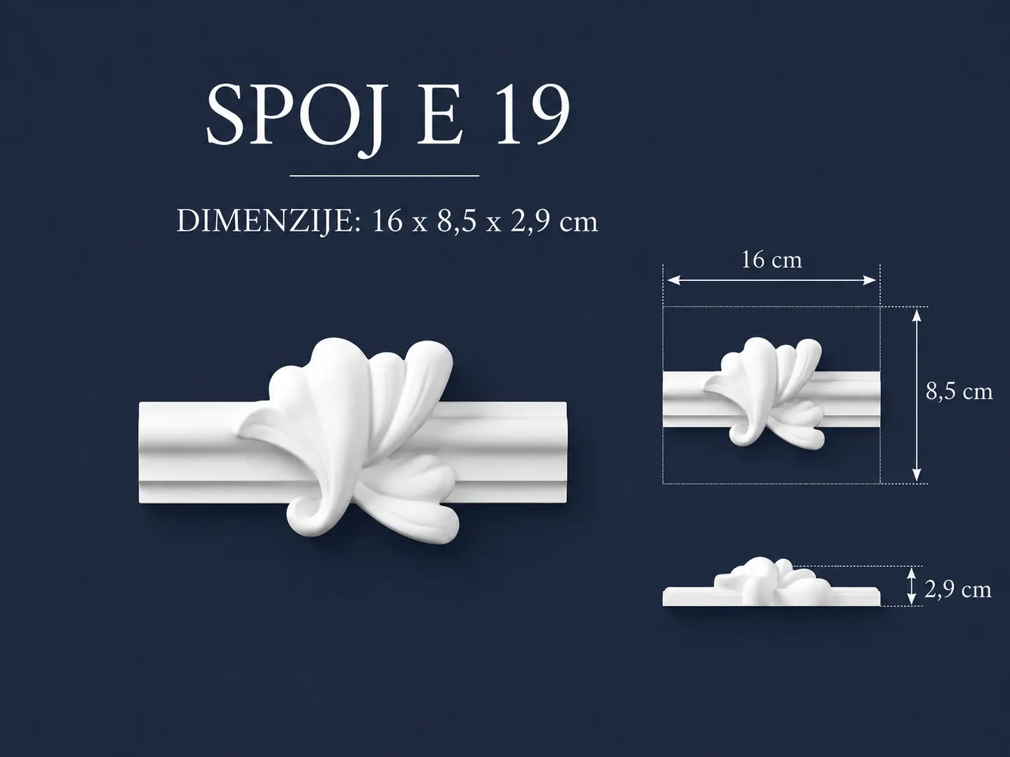 Model SPOJ E 19, dimenzije 16 × 8,5 × 2,9 cm
