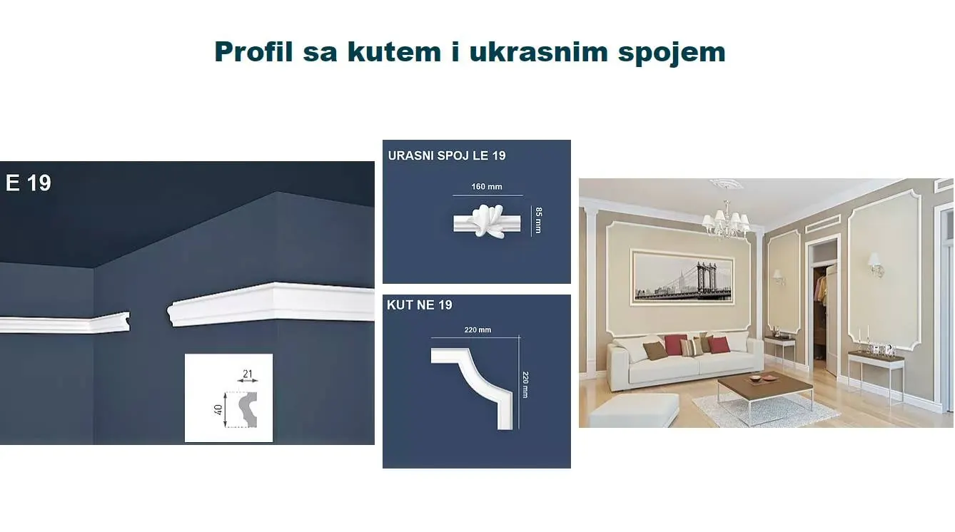 E 19 profil, gotovi kutni element i primjer zidne kompozicije.