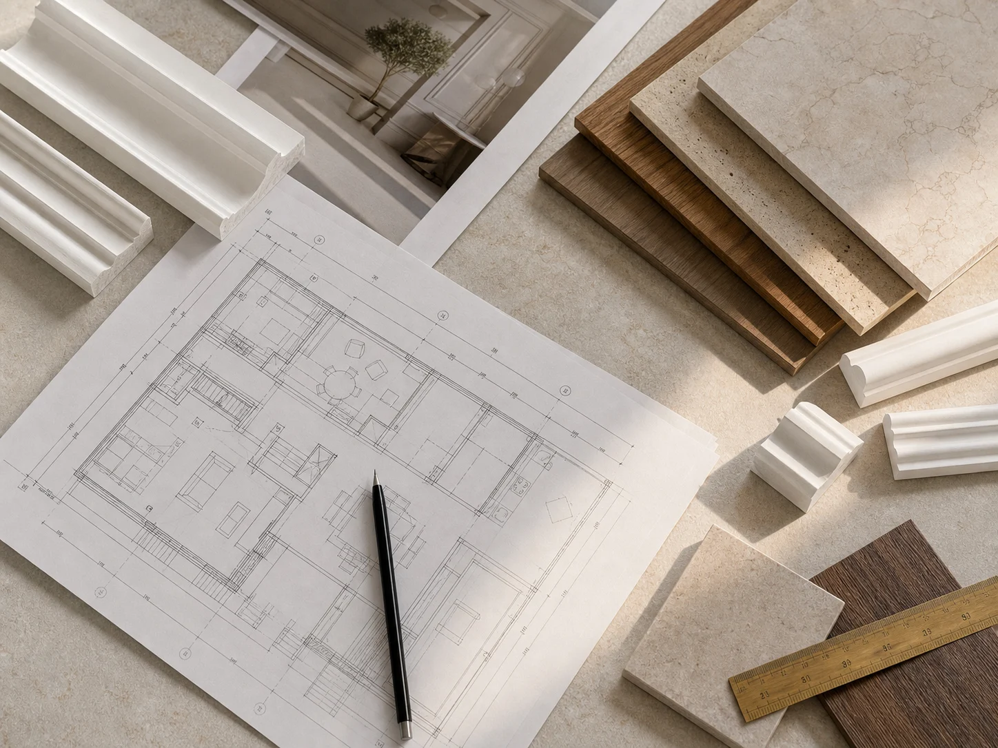 Floor plan, samples of decorative profiles and materials for interior design